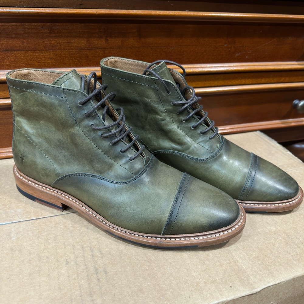 FRYE Paul Cap Toe Ankle Boot Olive Green Leather Men's Size 7 D WORN ONCE